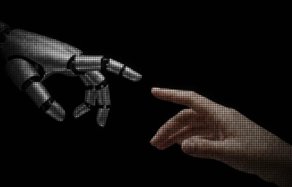 A machine hand and a human hand reaching toward each other, rendered as a dot matrix.