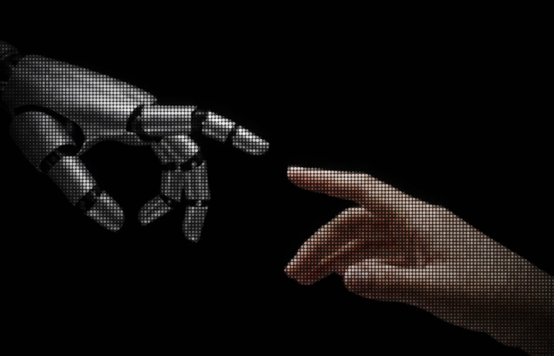 A machine hand and a human hand reaching toward each other, rendered as a dot matrix.
